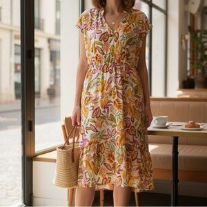 Emma & Michele Multicolor Leaf Print Midi Dress